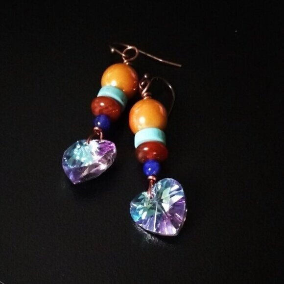 Flashy Crystal Hearts ~ Beaded Stack Earrings! Gift for her! Boho Glam Girlie - Picture 6 of 8